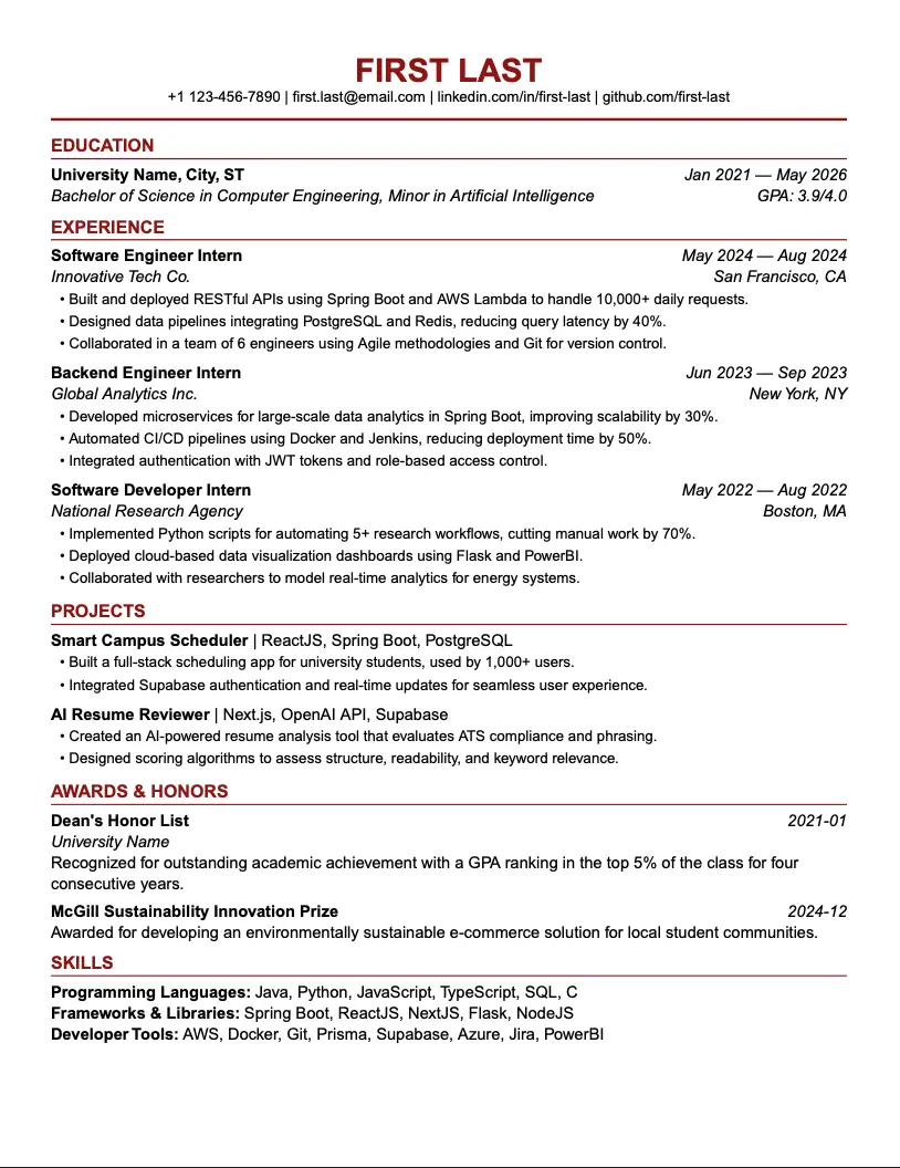Stanford resume template preview